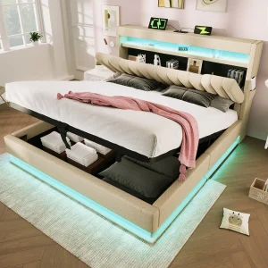 Bed van 140×200 cm met opberghoofdeinde, USB- en Type-C-aansluitingen, ledverlichting, met hydraulische opbergruimte, in beige linnen (218x142x112 cm) Bed van 140×200 cm met opberghoofdeinde, USB- en Type-C-aansluitingen, ledverlichting, met hydraulische opbergruimte, in beige linnen (218x142x112 cm)