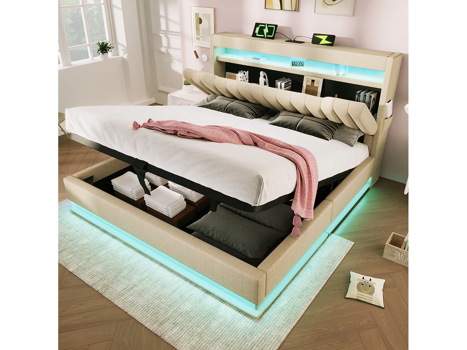 Bed van 140x200 cm met opberghoofdeinde, USB- en Type-C-aansluitingen, ledverlichting, met hydraulische opbergruimte, in beige linnen (218x142x112 cm)