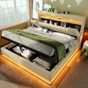 Bed van 160×200 cm met opberghoofdeinde, USB- en Type-C-aansluitingen, ledverlichting, met hydraulische opbergruimte, in beige linnen (218x162x112 cm) Bed van 160×200 cm met opberghoofdeinde, USB- en Type-C-aansluitingen, ledverlichting, met hydraulische opbergruimte, in beige linnen (218x162x112 cm)
