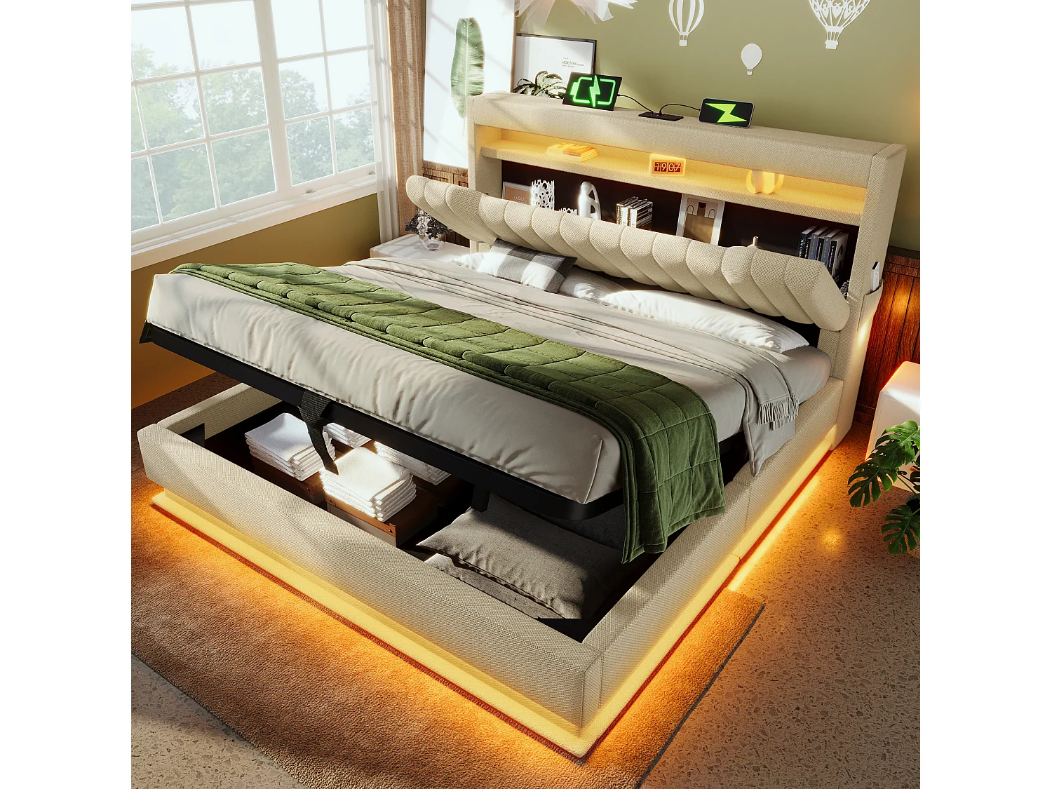 Bed van 160x200 cm met opberghoofdeinde, USB- en Type-C-aansluitingen, ledverlichting, met hydraulische opbergruimte, in beige linnen (218x162x112 cm)