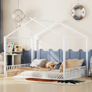 Bed met metalen frame en hoofdeinde in de vorm van een huis, 140 x 200 cm, zonder matras, wit (205 x 147 x 165 cm)