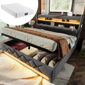 Bed met opbergruimte 160×200 cm, USB en Type-C hoofdeinde, 360° LED, hydraulisch, houten onderstel, grijs linnen (255x166x111 cm) Bed met opbergruimte 160×200 cm, USB en Type-C hoofdeinde, 360° LED, hydraulisch, houten onderstel, grijs linnen (255x166x111 cm)