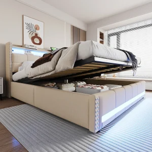 Bed 180×200 cm met lades, PU kunstlederen bed zonder hoofdeinde, met LED-verlichting, metalen platform (200x140x32 cm)