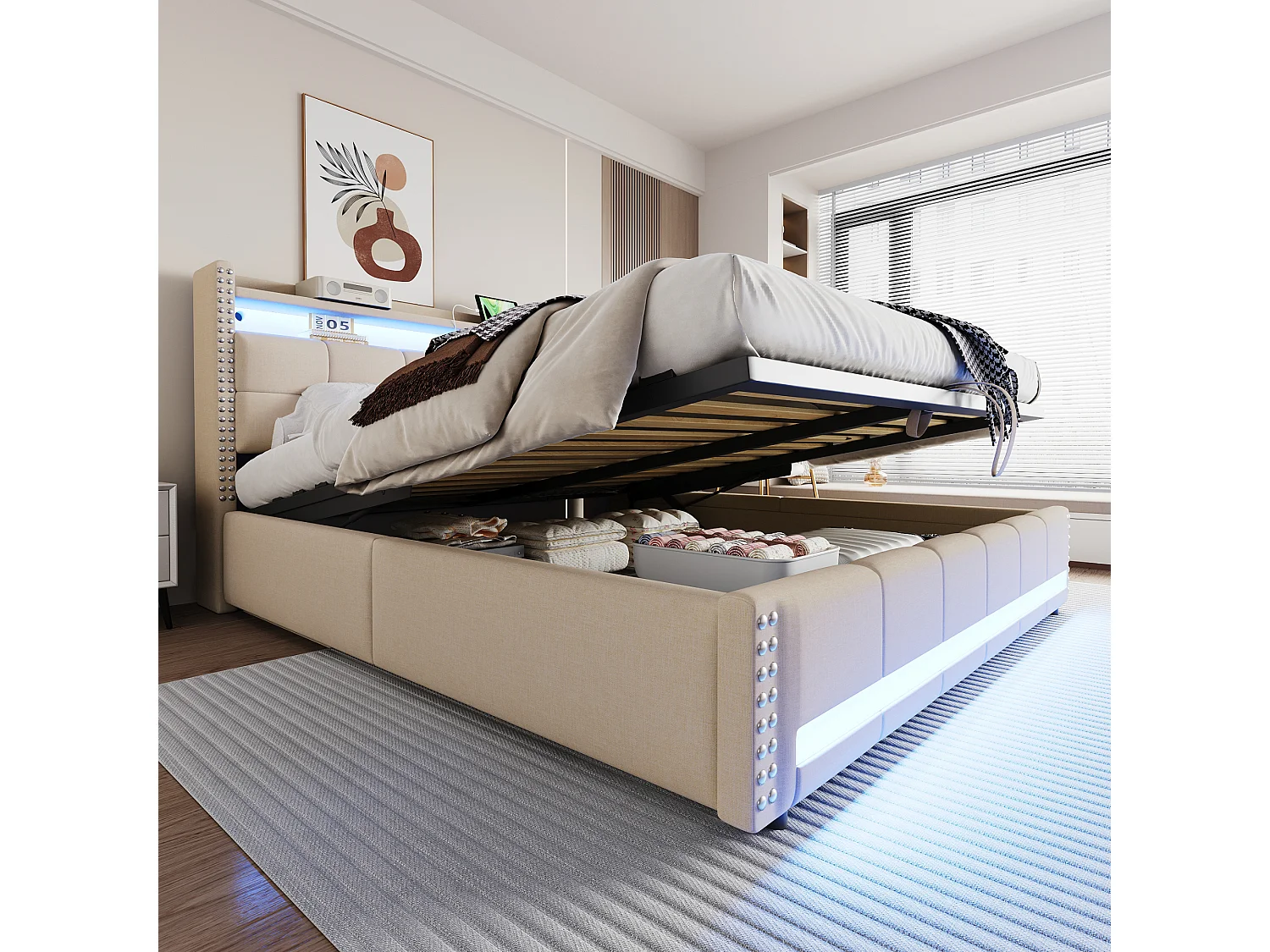 Bed 180x200 cm met lades, PU kunstlederen bed zonder hoofdeinde, met LED-verlichting, metalen platform (200x140x32 cm)