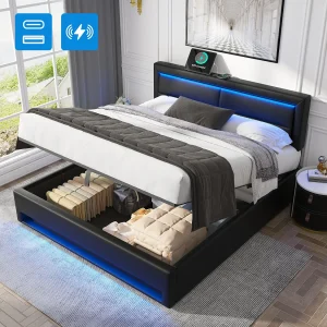Bed 140×200 cm met LED-verlichting, USB, opbergruimte, PU, grijs (160×200 cm) Bed 140×200 cm met LED-verlichting, USB, opbergruimte, PU, grijs (160×200 cm)