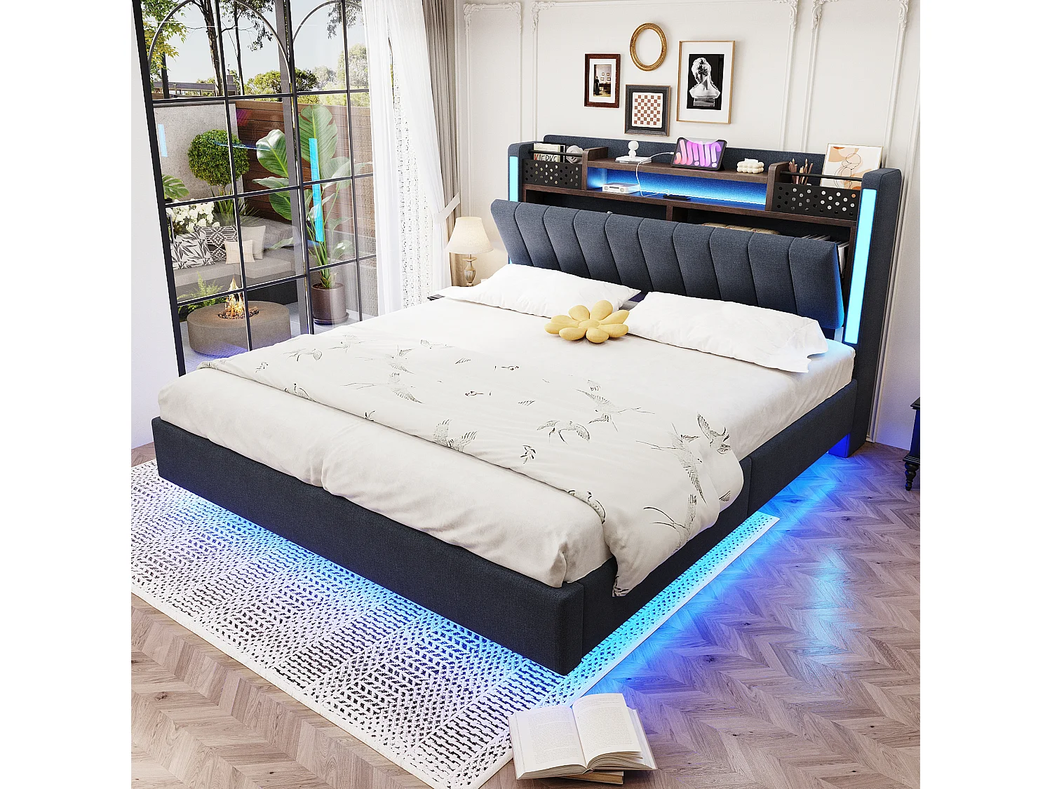 Bed 140x200 cm met LED en USB, hoofdeinde met opbergruimte, zwevend bed voor tieners en volwassenen, in linnen, grijs (222x145,5x111 cm)