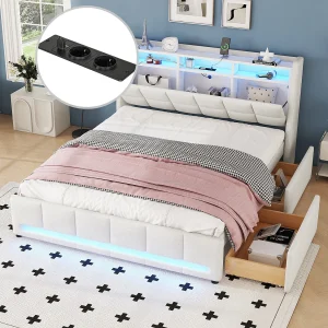 Bed met lades, 140×200 cm, met APP-gestuurde LED-sfeerverlichting, met USB-aansluitingen, linnen stof, beige (224x153x110 cm)