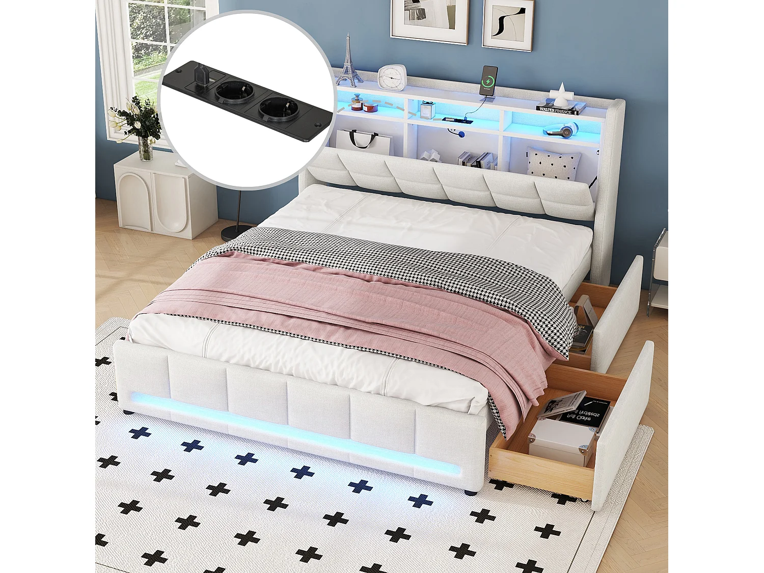 Bed met lades, 140x200 cm, met APP-gestuurde LED-sfeerverlichting, met USB-aansluitingen, linnen stof, beige (224x153x110 cm)