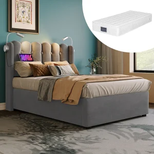 Bed met USB Type C oplaadfunctie, LED-verlichting en 2 lades, 90×200 cm, verstelbaar hoofdeinde, grijze Sherpa (afmetingen: 208x100x102,5 cm) Bed met USB Type C oplaadfunctie, LED-verlichting en 2 lades, 90×200 cm, verstelbaar hoofdeinde, grijze Sherpa (afmetingen: 208x100x102,5 cm)