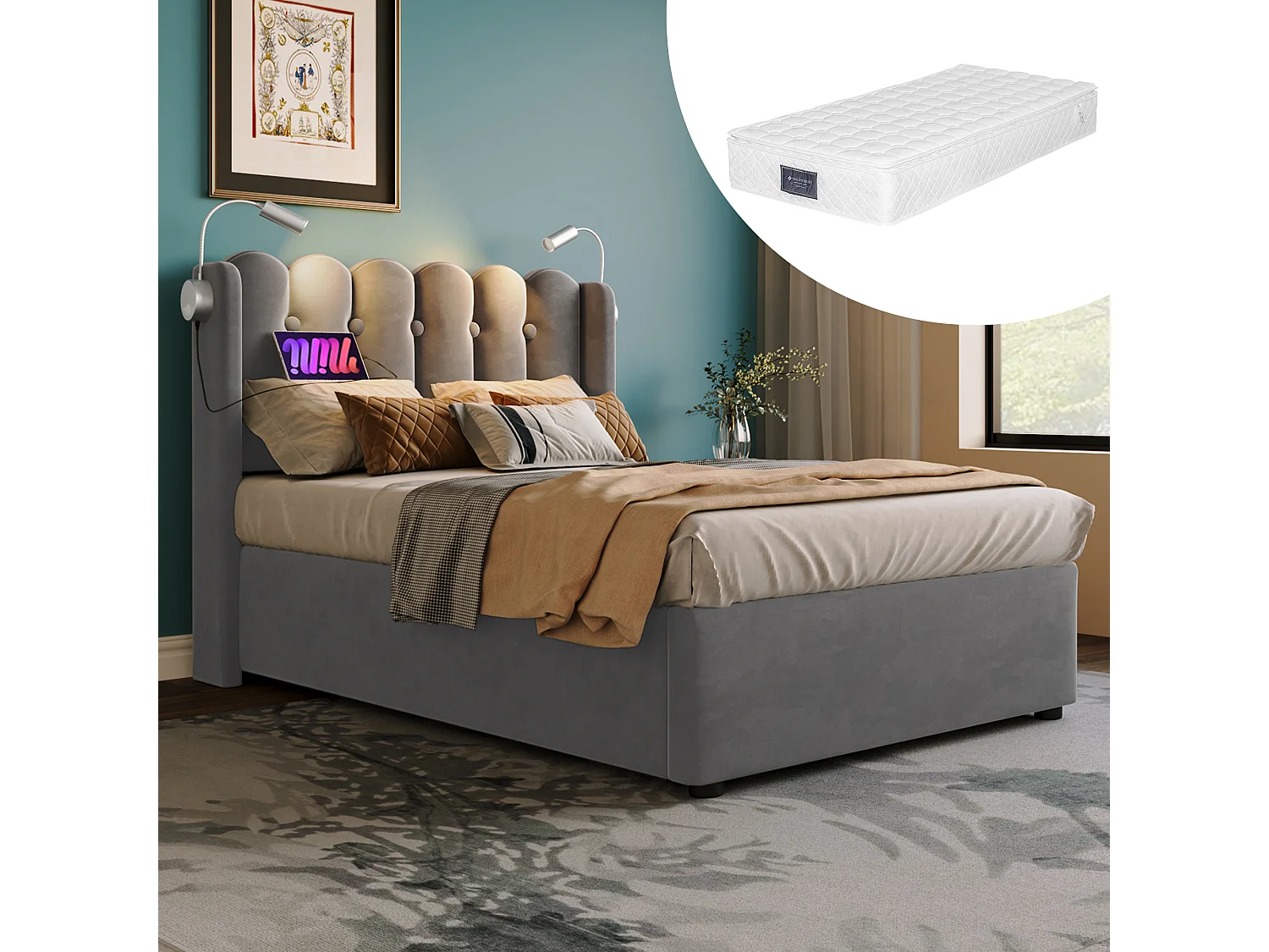 Bed met USB Type C oplaadfunctie, LED-verlichting en 2 lades, 90x200 cm, verstelbaar hoofdeinde, grijze Sherpa (afmetingen: 208x100x102,5 cm)