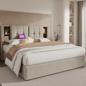 Bed met hydraulische opbergruimte, hoofdeinde met draadloze USB Type-C-oplader, natuurlijk linnen, 140×200 cm (206x145x100,5 cm)