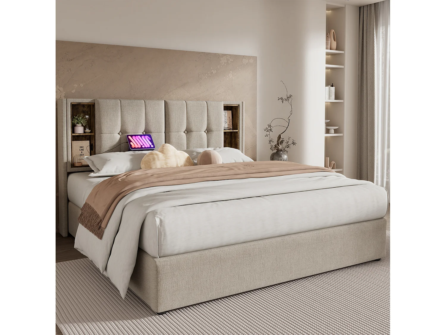 Bed met hydraulische opbergruimte, hoofdeinde met draadloze USB Type-C-oplader, natuurlijk linnen, 140x200 cm (206x145x100,5 cm)
