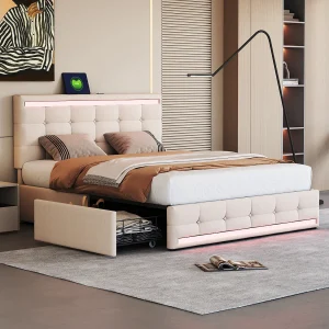 Bed 140x200cm, gestoffeerd bed met LED, 4 lades, 2 USB-poorten, beige linnen (208x146x116cm) Bed 140x200cm, gestoffeerd bed met LED, 4 lades, 2 USB-poorten, beige linnen (208x146x116cm)