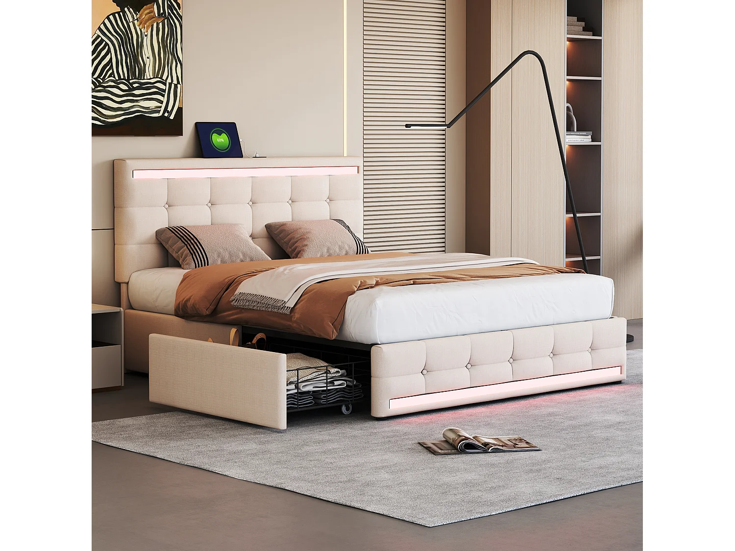 Bed 140x200cm, gestoffeerd bed met LED, 4 lades, 2 USB-poorten, beige linnen (208x146x116cm)