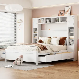 Bedframe met opbergruimte, 4 lades en grote ladekast, massief hout, wit (209x196x153,5 cm) Bedframe met opbergruimte, 4 lades en grote ladekast, massief hout, wit (209x196x153,5 cm)