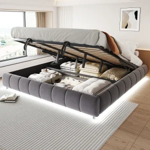 Bed met hydraulische opbergruimte 180×200 cm, zonder hoofdeinde, met geïntegreerde LED, zwevend frame met opbergruimte, grijs (214,5x195x29,5 cm) Bed met hydraulische opbergruimte 180×200 cm, zonder hoofdeinde, met geïntegreerde LED, zwevend frame met opbergruimte, grijs (214,5x195x29,5 cm)