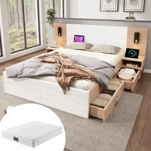 Bed 160×200 cm, 2 nachtkastjes, 4 lades, hoofdeinde met lamp en USB, massief hout en MDF, beige (235x80x207 cm) Bed 160×200 cm, 2 nachtkastjes, 4 lades, hoofdeinde met lamp en USB, massief hout en MDF, beige (235x80x207 cm)