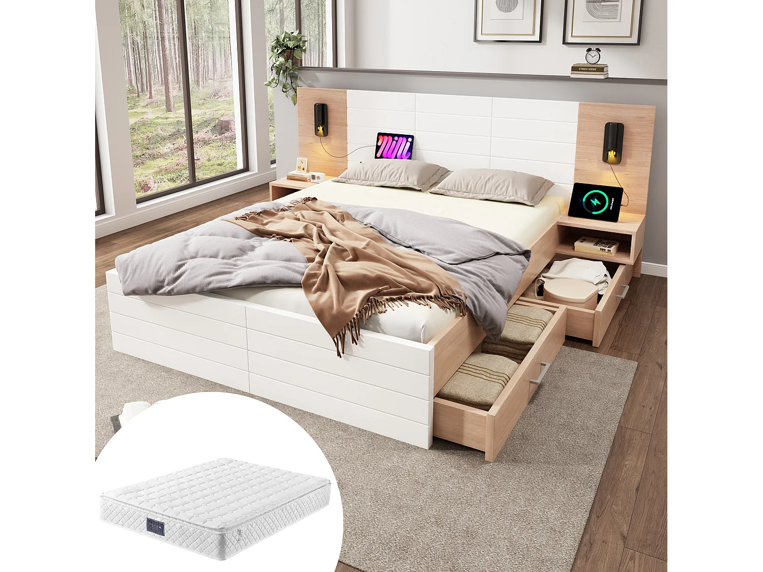 Bed 160x200 cm, 2 nachtkastjes, 4 lades, hoofdeinde met lamp en USB, massief hout en MDF, beige (235x80x207 cm)
