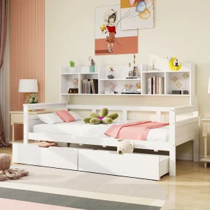 Bed 90×200 cm met lades en planken, Multifunctioneel bed in massief hout, Wit (205x96x125 cm) Bed 90×200 cm met lades en planken, Multifunctioneel bed in massief hout, Wit (205x96x125 cm)
