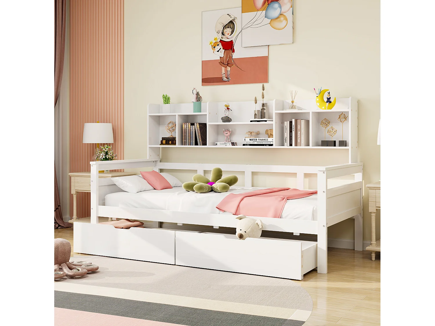 Bed 90x200 cm met lades en planken, Multifunctioneel bed in massief hout, Wit (205x96x125 cm)
