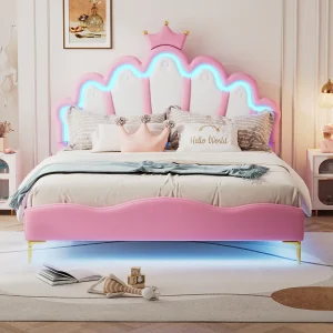Bed 140×200 cm, prinsessenbed met ledverlichting, decoratieve kroon, PU, wit (203x140x129 cm) Bed 140×200 cm, prinsessenbed met ledverlichting, decoratieve kroon, PU, wit (203x140x129 cm)