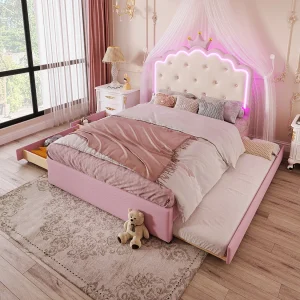 Bed met LED-verlichting, 140×200 cm, bed met lades en opklapbed, Princess-design, PU, roze (203x143x137,5 cm)