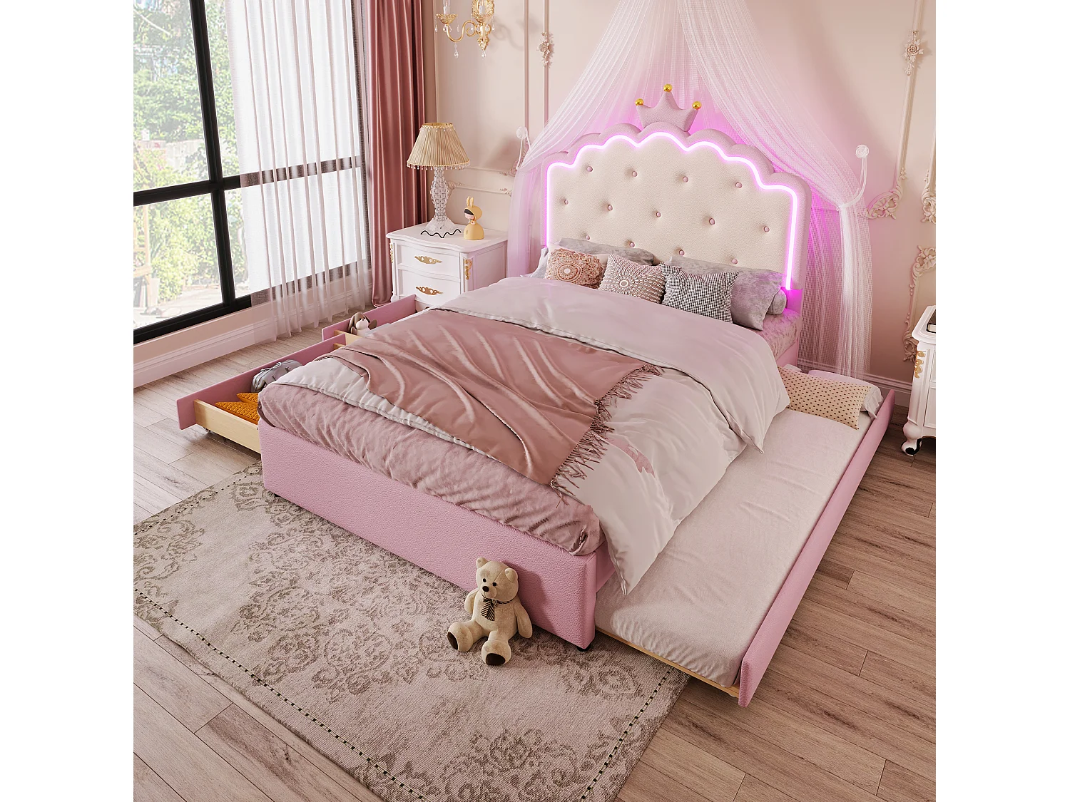 Bed met LED-verlichting, 140x200 cm, bed met lades en opklapbed, Princess-design, PU, roze (203x143x137,5 cm)