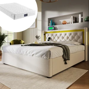Bed met USB Type-C oplaadfunctie, LED en 2 lades, beige katoenen frame, 160×200 cm (Afmetingen: 208x170x104 cm) Bed met USB Type-C oplaadfunctie, LED en 2 lades, beige katoenen frame, 160×200 cm (Afmetingen: 208x170x104 cm)