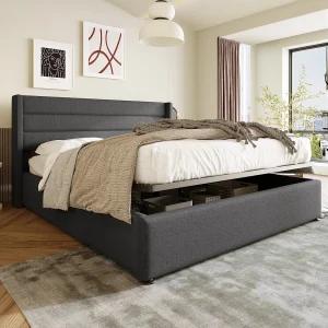 Bed met hydraulische opbergruimte, gestoffeerd bed 140×200 cm, verstelbaar hoofdeinde, grijs linnen (afmetingen: 214,5×153,5×114 cm)