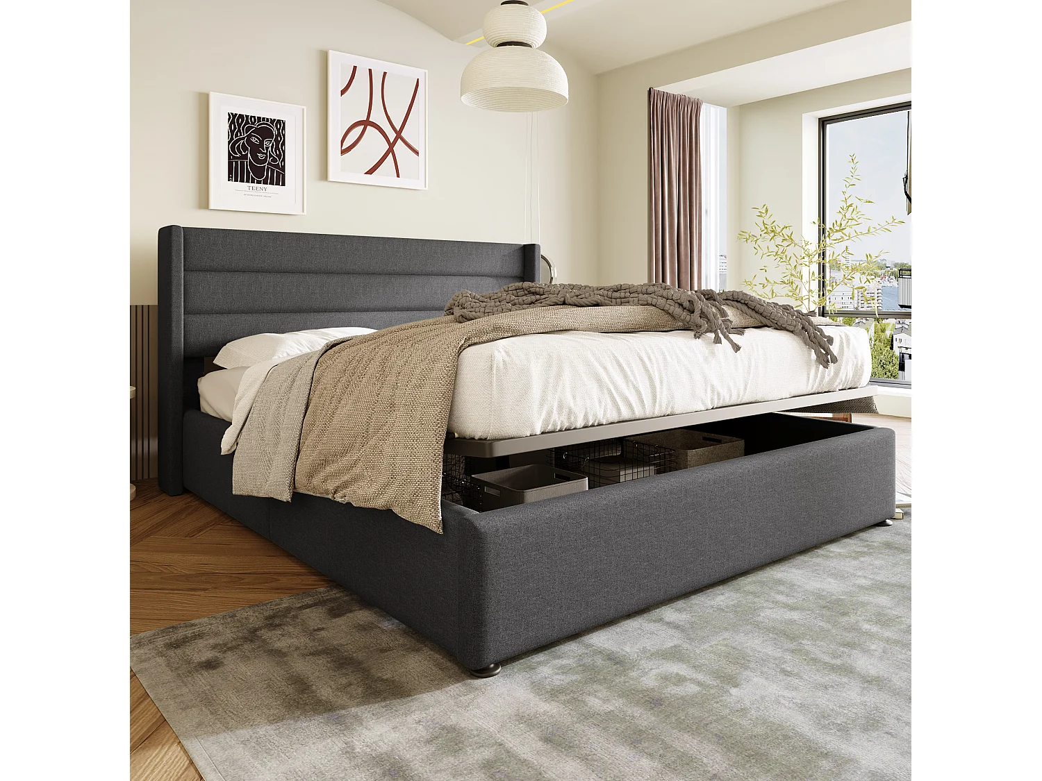 Bed met hydraulische opbergruimte, gestoffeerd bed 140x200 cm, verstelbaar hoofdeinde, grijs linnen (afmetingen: 214,5x153,5x114 cm)