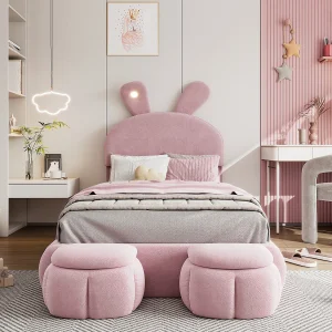 Bed met konijnenoren, verstelbare LED, opbergruimte en twee krukjes, in roze fluweel, 90×200 cm (237x104x135 cm)
