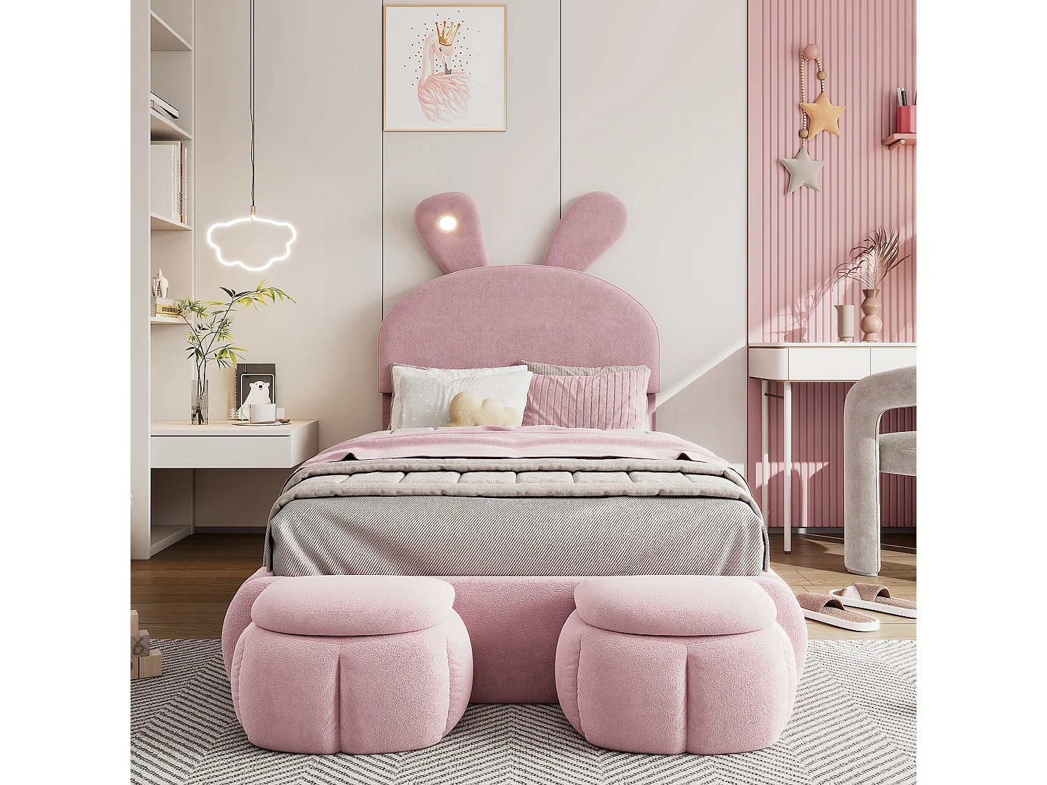 Bed met konijnenoren, verstelbare LED, opbergruimte en twee krukjes, in roze fluweel, 90x200 cm (237x104x135 cm)