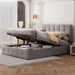 Bed 140x200cm met hydraulische opbergruimte, verstelbaar hoofdeinde, metalen onderstel, grijs fluweel (203x140x106cm) Bed 140x200cm met hydraulische opbergruimte, verstelbaar hoofdeinde, metalen onderstel, grijs fluweel (203x140x106cm)