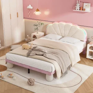 Bed met veelkleurige lampjes en golvend hoofdeinde, fluweel, beige + roze, 140×200 cm (208,5×148,5×92 cm) Bed met veelkleurige lampjes en golvend hoofdeinde, fluweel, beige + roze, 140×200 cm (208,5×148,5×92 cm)