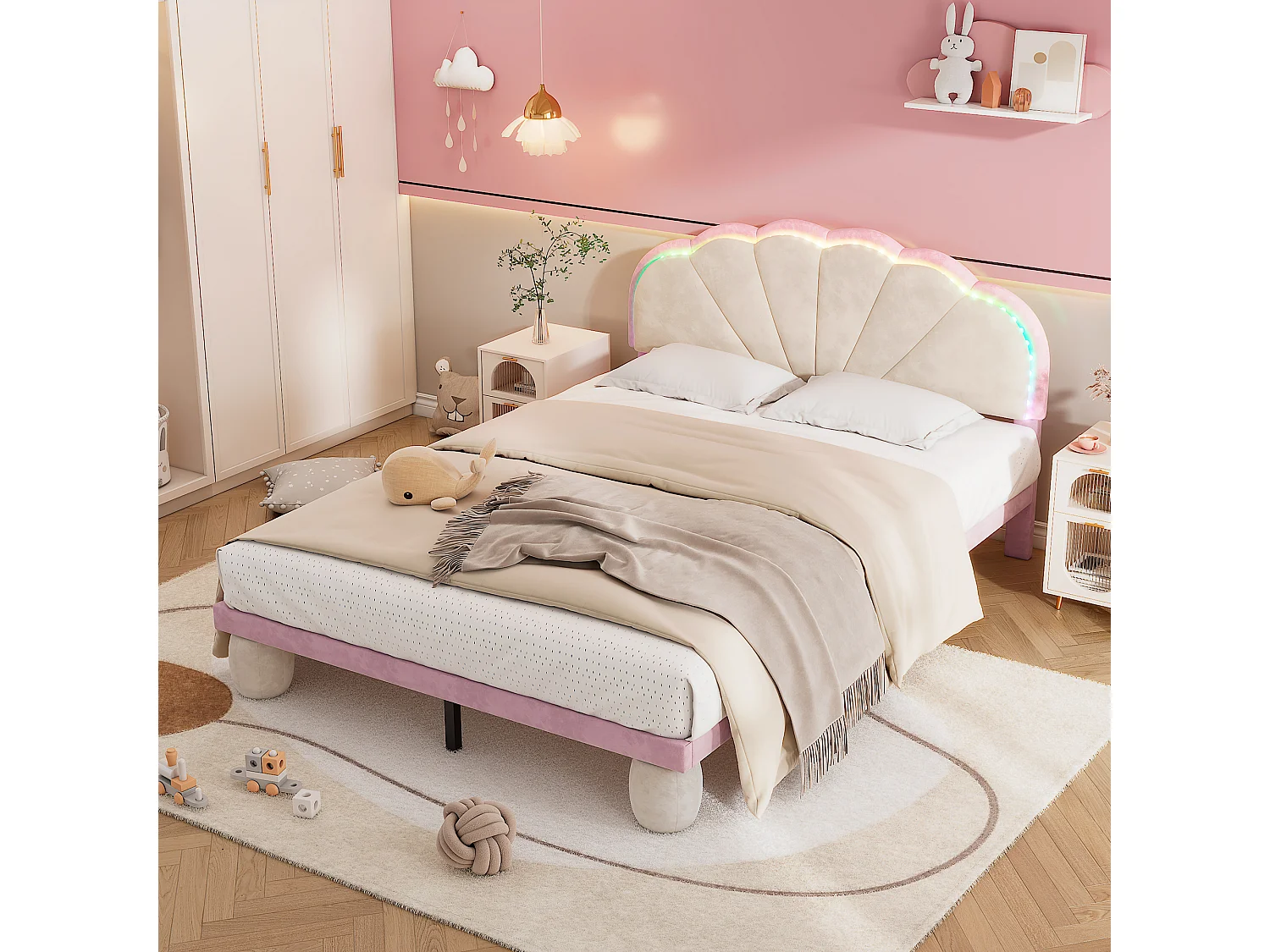 Bed met veelkleurige lampjes en golvend hoofdeinde, fluweel, beige + roze, 140x200 cm (208,5x148,5x92 cm)