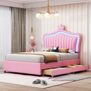 Bed 90×200 cm met LED, Bluetooth en USB, multifunctioneel PU-lederen bed, wit/roze (203,5x100x130,5 cm) Bed 90×200 cm met LED, Bluetooth en USB, multifunctioneel PU-lederen bed, wit/roze (203,5x100x130,5 cm)