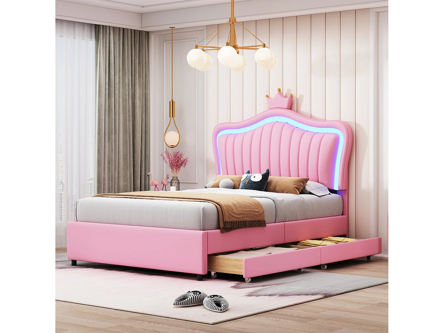 Bed 90x200 cm met LED, Bluetooth en USB, multifunctioneel PU-lederen bed, wit/roze (203,5x100x130,5 cm)