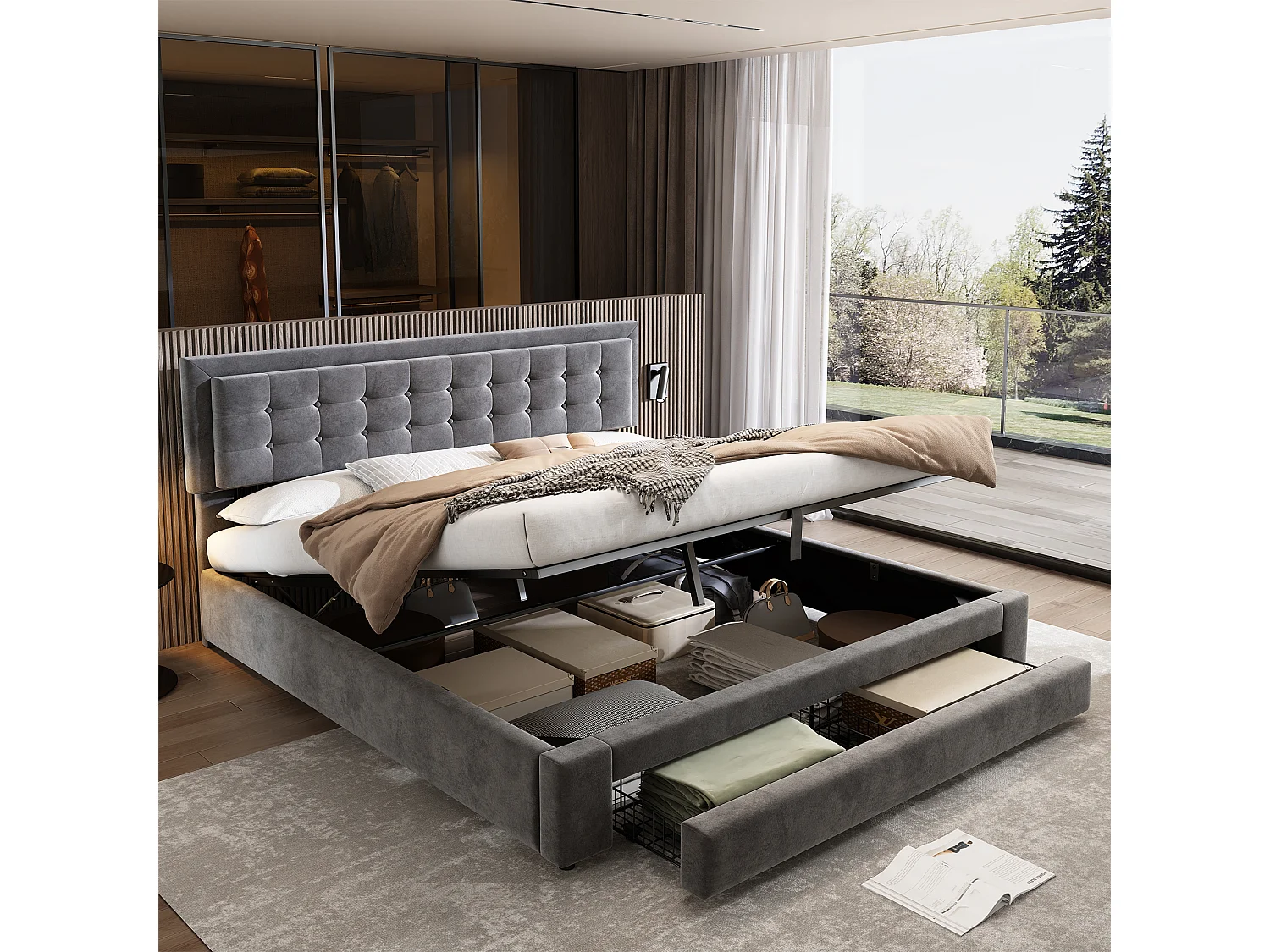 Bed met opbergruimte, gestoffeerd hoofdeinde, fluweel, grijs, 160x200 cm