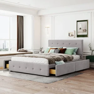 Bed 140×200 cm met LED, 4 lades, zachte linnen stof, vlak bed voor volwassenen en tieners, grijs (215x149x106 cm) Bed 140×200 cm met LED, 4 lades, zachte linnen stof, vlak bed voor volwassenen en tieners, grijs (215x149x106 cm)