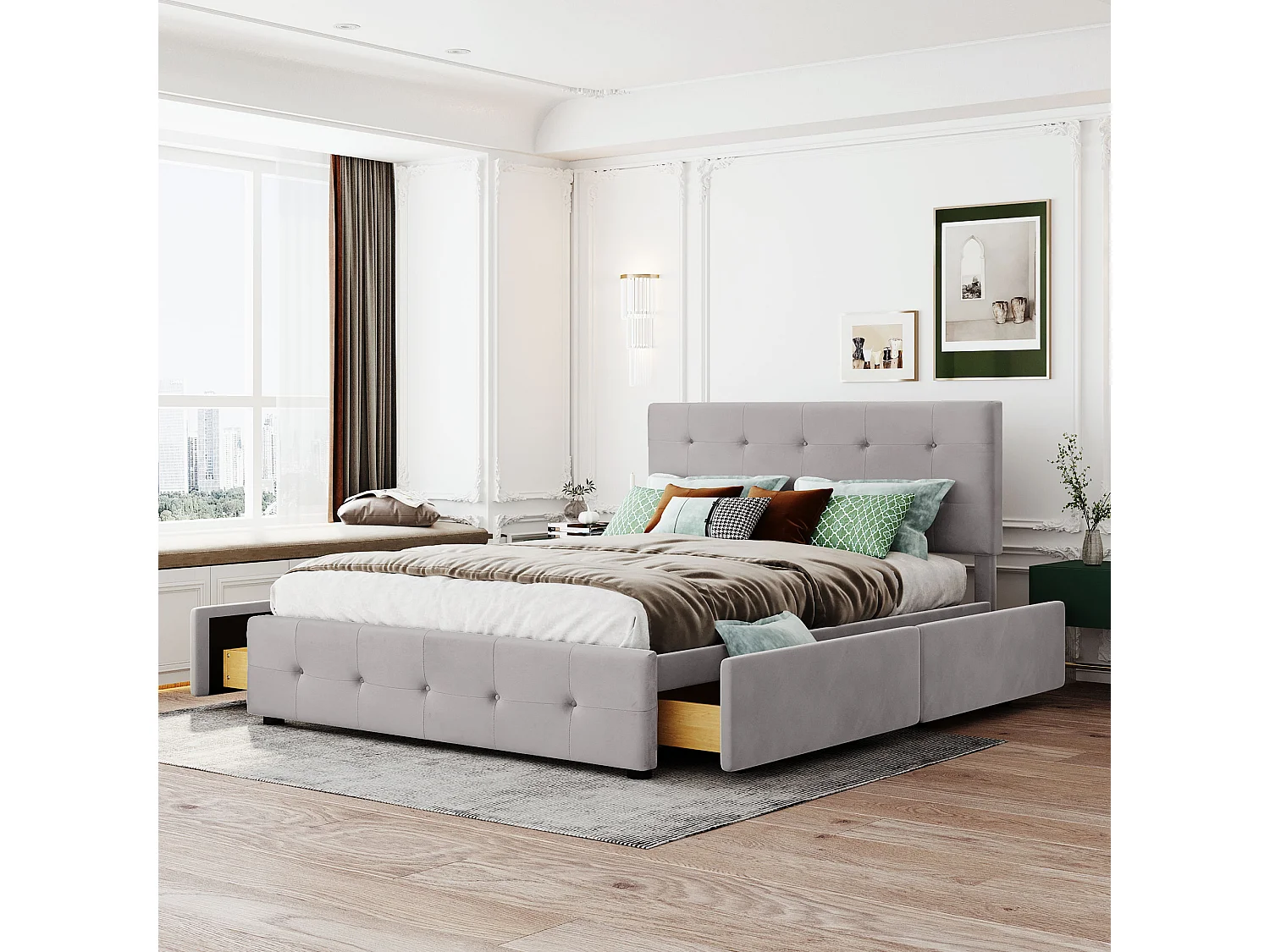 Bed 140x200 cm met LED, 4 lades, zachte linnen stof, vlak bed voor volwassenen en tieners, grijs (215x149x106 cm)