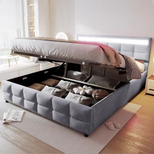 Bed 180 x 200 cm met LED, lattenbodem, hydraulisch, grijze fluwelen stof (203 x 183,5 x 97,5 cm) Bed 180 x 200 cm met LED, lattenbodem, hydraulisch, grijze fluwelen stof (203 x 183,5 x 97,5 cm)