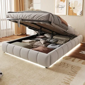 Bed met hydraulische opbergruimte 140×200 cm, zonder hoofdeinde, met geïntegreerde LED, zwevend frame, beige (214,5x155x29,5 cm) Bed met hydraulische opbergruimte 140×200 cm, zonder hoofdeinde, met geïntegreerde LED, zwevend frame, beige (214,5x155x29,5 cm)
