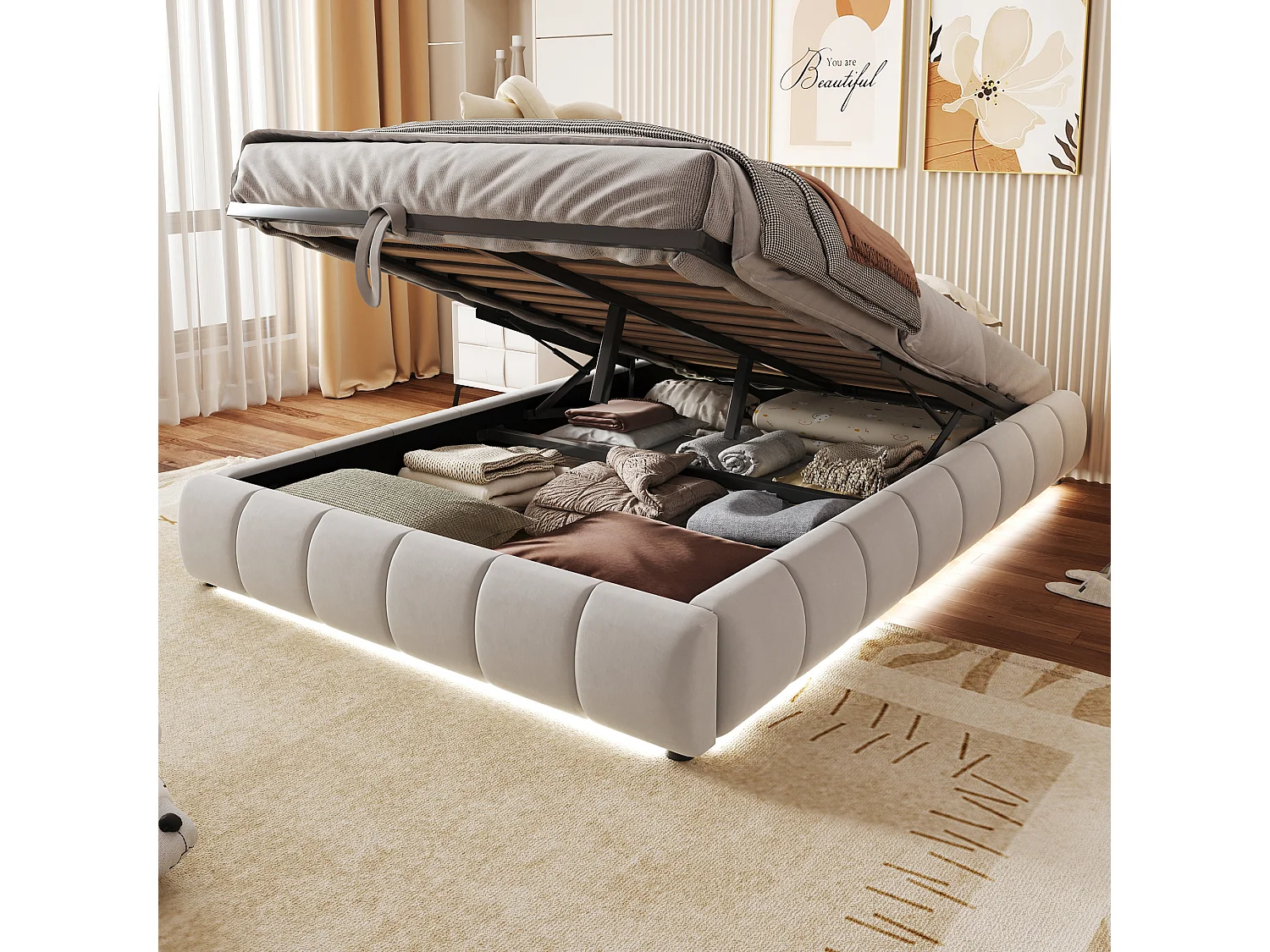 Bed met hydraulische opbergruimte 140x200 cm, zonder hoofdeinde, met geïntegreerde LED, zwevend frame, beige (214,5x155x29,5 cm)