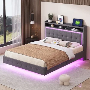 Bed 140x200cm, gestoffeerd bed met LED- en USB-poorten, grijze linnen stof, discreet frame (213x145x113,5cm) Bed 140x200cm, gestoffeerd bed met LED- en USB-poorten, grijze linnen stof, discreet frame (213x145x113,5cm)