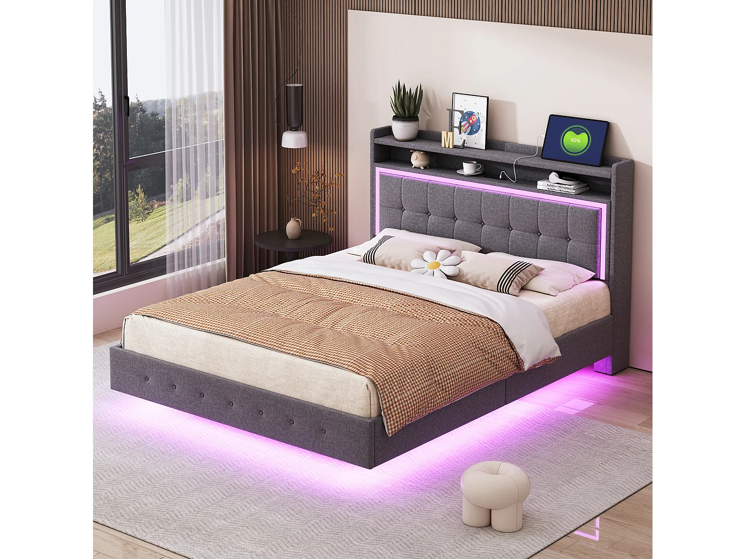 Bed 140x200cm, gestoffeerd bed met LED- en USB-poorten, grijze linnen stof, discreet frame (213x145x113,5cm)