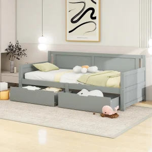 Bed met opbergruimte 90×200, eenpersoonsbed van massief hout, met 2 lades en houten frame, grijs (205x95x80 cm) Bed met opbergruimte 90×200, eenpersoonsbed van massief hout, met 2 lades en houten frame, grijs (205x95x80 cm)