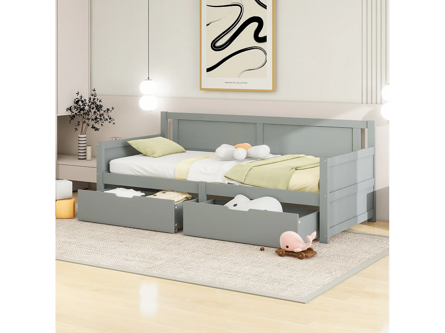 Bed met opbergruimte 90x200, eenpersoonsbed van massief hout, met 2 lades en houten frame, grijs (205x95x80 cm)