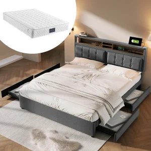 Bed met 4 lades, USB en C, metalen frame, linnen stof, verstelbaar hoofdeinde 160×200 cm (Afmetingen: 163x204x92-104 cm) Bed met 4 lades, USB en C, metalen frame, linnen stof, verstelbaar hoofdeinde 160×200 cm (Afmetingen: 163x204x92-104 cm)