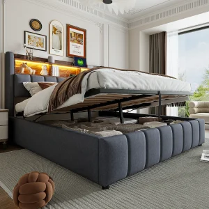Bed 180×200 cm met LED, USB-aansluiting, hoofdeinde met planken en opbergruimte, hydraulisch opbergsysteem, grijze linnen stof (215x180x110 cm)
