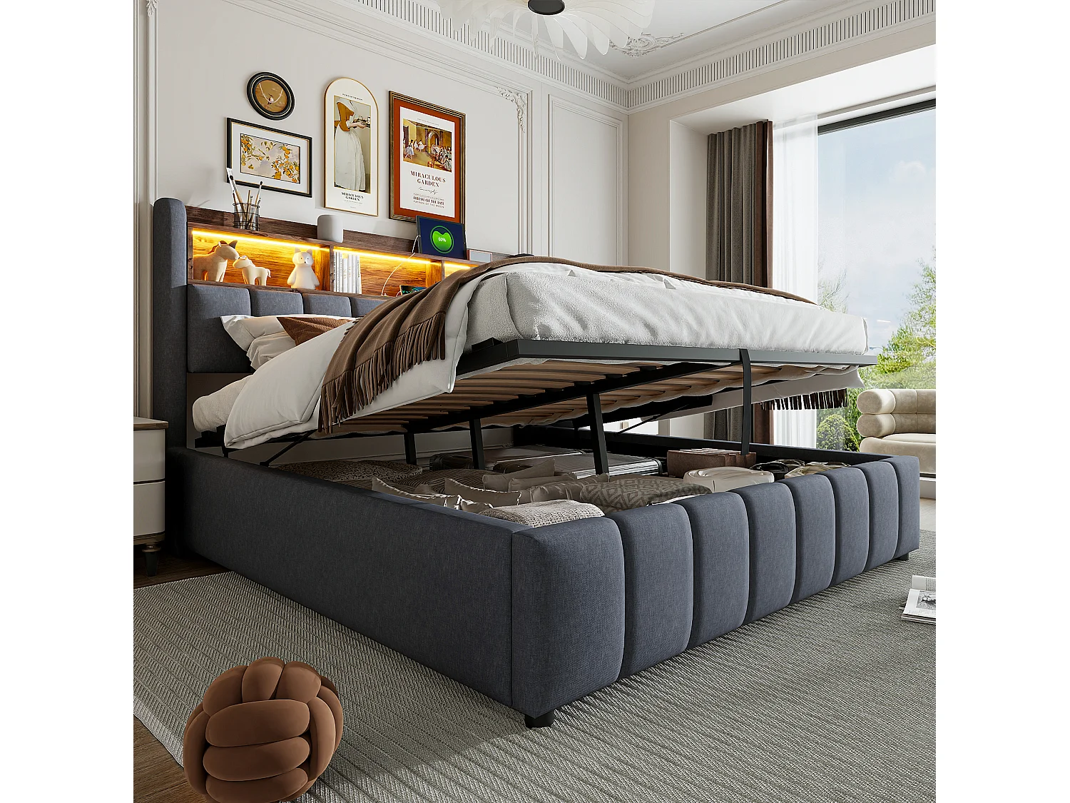 Bed 180x200 cm met LED, USB-aansluiting, hoofdeinde met planken en opbergruimte, hydraulisch opbergsysteem, grijze linnen stof (215x180x110 cm)